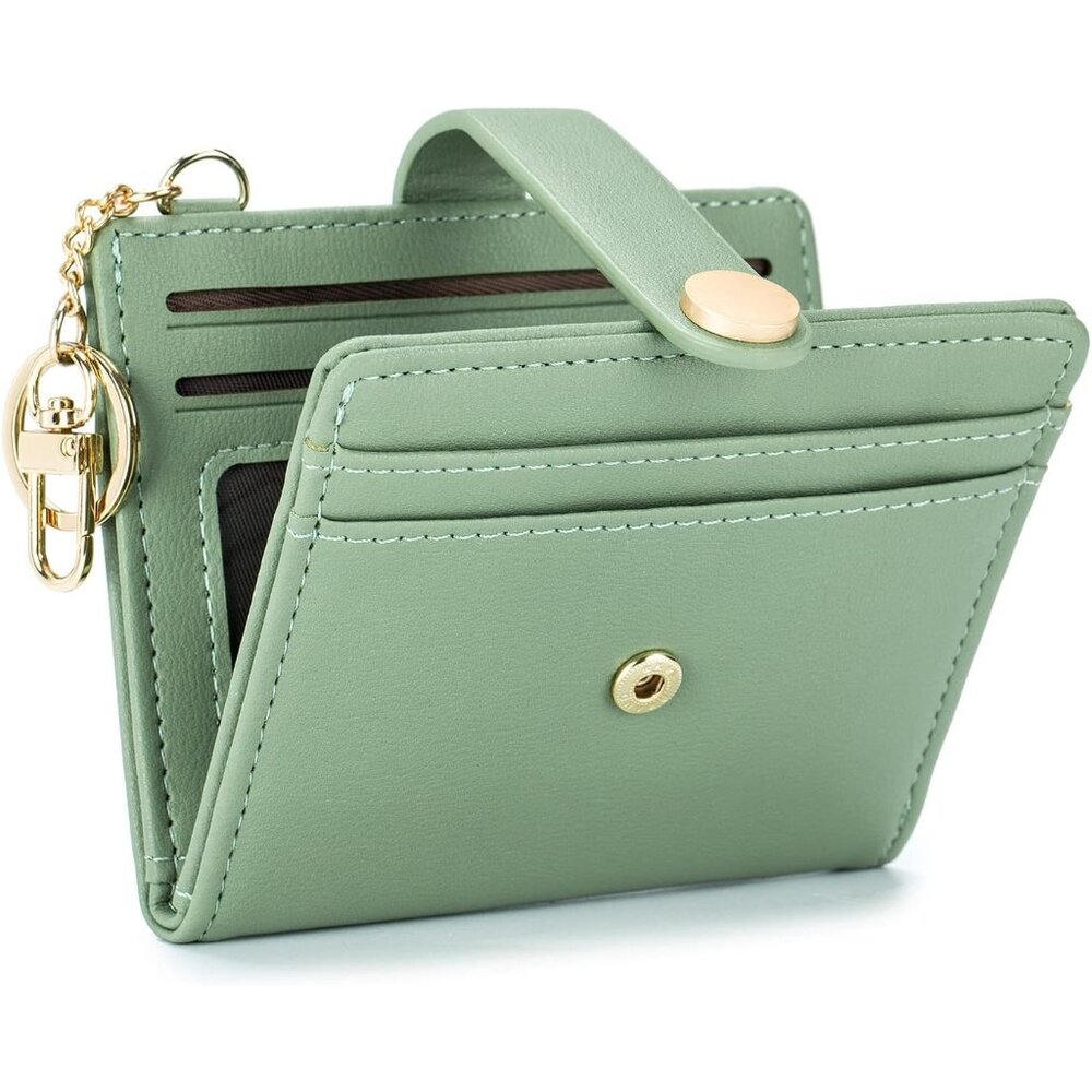 New Women's Green Slim RFID Bifold Wallet Zipper Pocket, ID Window & Keychain - Picture 3 of 8